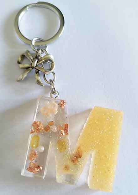 Personal Keyring, Shades Of Autumn Letter `M`, 40mm x ±9mm, Resin Product, Handmade, Unique