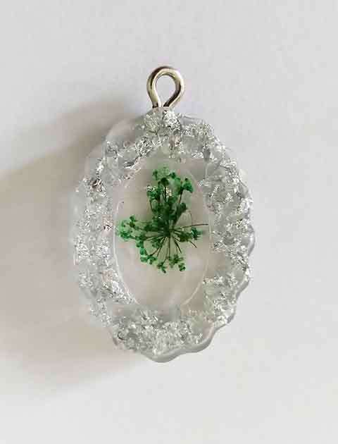 Pendant, Green And Silver, Oval, 33mm x 24mm, Handmade Resin Product, Unique, 1pc