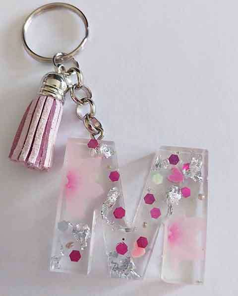 Personal Keyring, Letter `M`, Pink And Silver, Size 40mm x ±9mm, Resin Product, Handmade, Unique