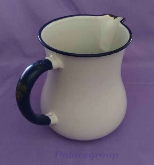 White And Dark Blue Enamel Water / Milk Jug, Chip Marks, 1300ml, See Photo`s For More Info