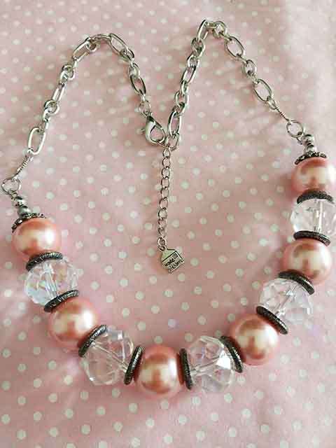 Perrine Necklace, Pink Shell Pearls And Clear AB Crystal Beads, Lobster Clasp, 46cm + 5cm Ext