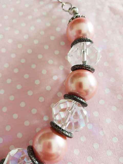 Perrine Necklace, Pink Shell Pearls And Clear AB Crystal Beads, Lobster Clasp, 46cm + 5cm Ext