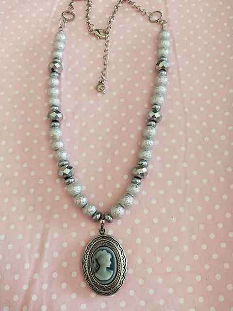 Perrine Necklace, Silver Grey Glass Pearls + Silver Crystal Beads + Cameo, Lobster Clasp, 46cm + 5cm