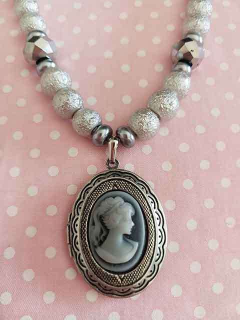 Perrine Necklace, Silver Grey Glass Pearls + Silver Crystal Beads + Cameo, Lobster Clasp, 46cm + 5cm