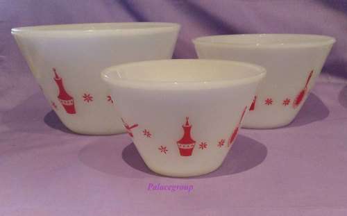 Milky Glass Mixing Bowls, Red Kitchen Theme, Round, See Description And Photo`s Below, 3pc