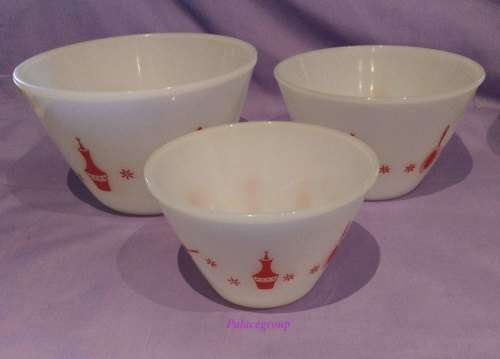 Milky Glass Mixing Bowls, Red Kitchen Theme, Round, See Description And Photo`s Below, 3pc