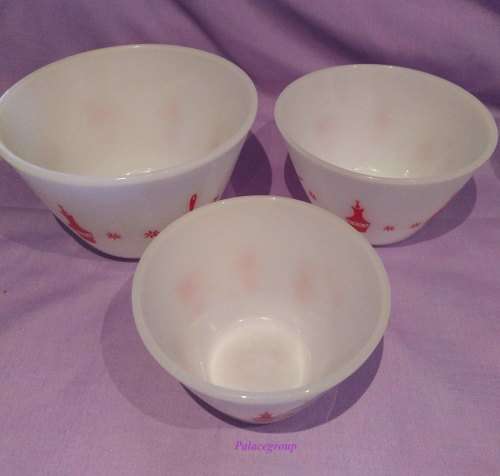 Milky Glass Mixing Bowls, Red Kitchen Theme, Round, See Description And Photo`s Below, 3pc