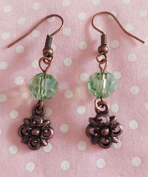 Cristia Earrings, Green Crystal Beads, Copper Findings And Shepherds Hooks, 43mm