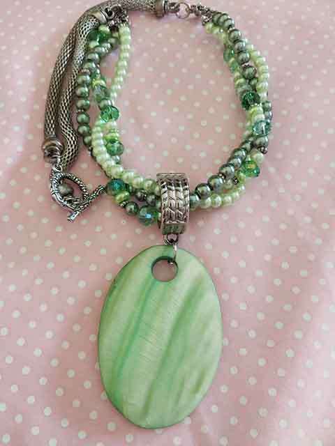 Perrine Necklace, Shades Of Green Glass Pearls+Green Crystal Beads+Rope Chain, Toggle Clasp 54cm