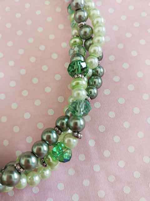 Perrine Necklace, Shades Of Green Glass Pearls+Green Crystal Beads+Rope Chain, Toggle Clasp 54cm
