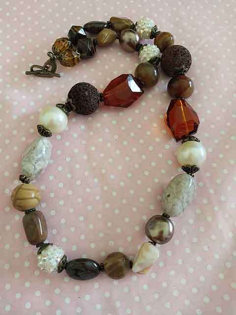 Simone Necklace, Brown+Beige Shell Pearls, Brown Semi-Precious Beads+Lava Beads, Toggle Clasp, 52cm