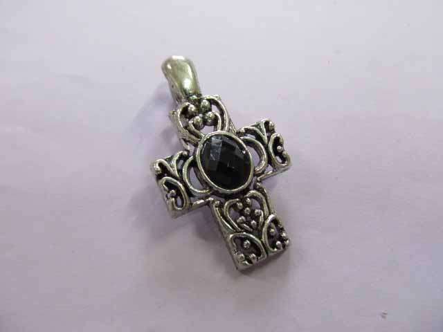 Pendant, Cross, Green Rhinestone In Center Of Cross, Nickel Colour, 44mm, 1pc