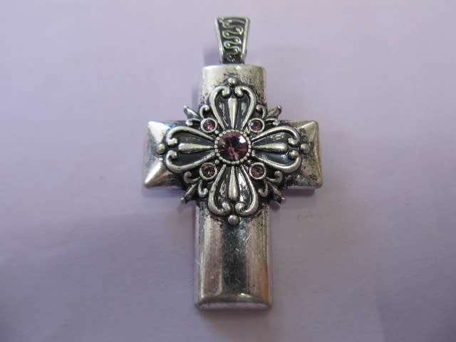 Pendant, Cross, Purple Rhinestone, Metal, Nickel Antique Colour, 56mm, 1pc