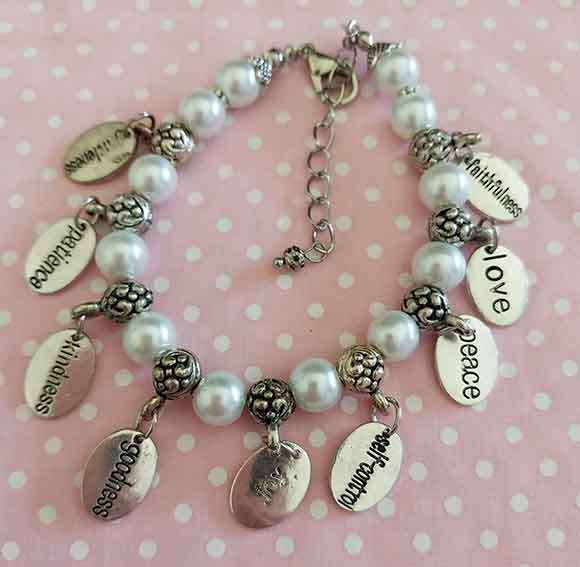 Perrine Bracelets, White Glass Pearls+Fruit Of The Spirit C +Nickel Findings, Lobster Clasp, 18cm+5c