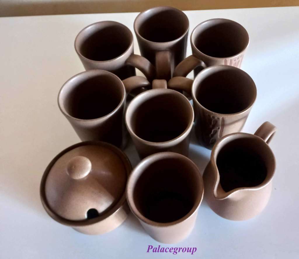 Argilla Pottery Clay Mugs x 6, (Height - ±102mm - 250ml) 1 x Milk Jug, 1 x Sugar Bowl+Lid, T/spoon