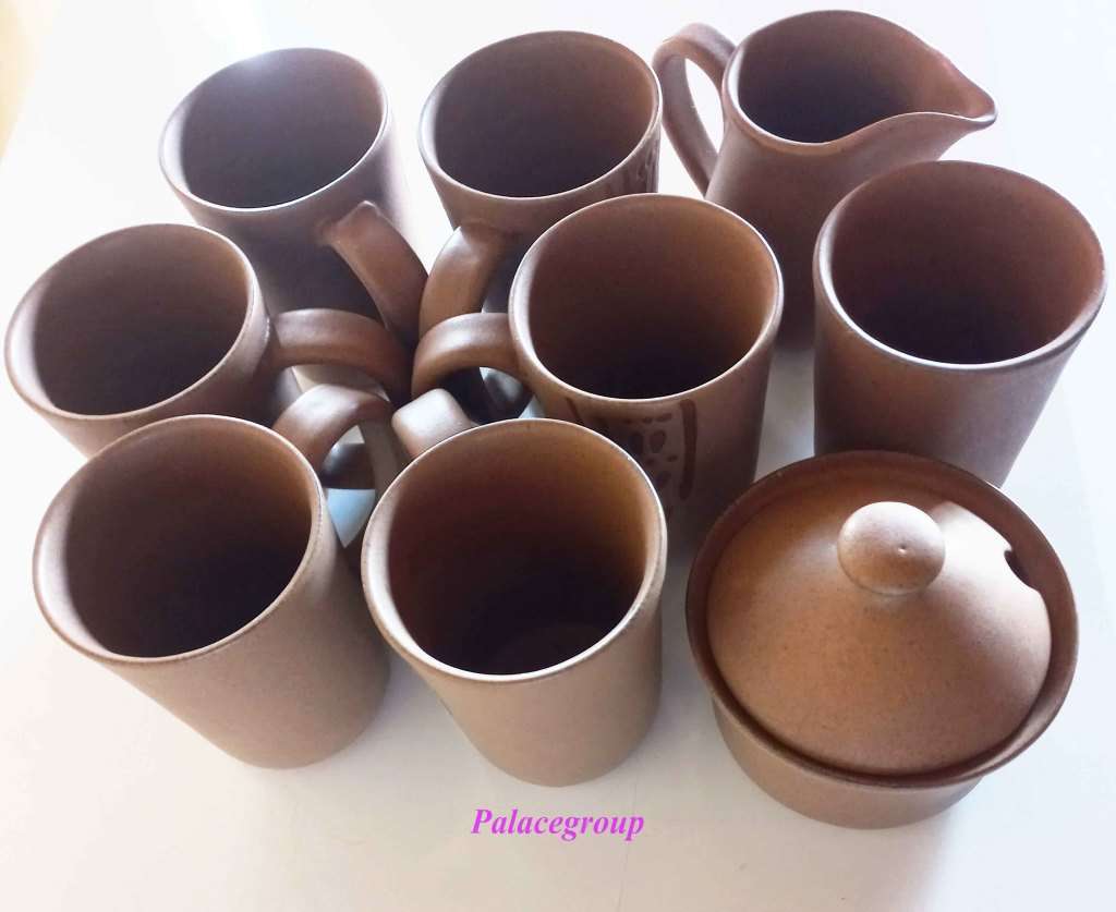 Argilla Pottery Clay Mugs x 6, (Height - ±102mm - 250ml) 1 x Milk Jug, 1 x Sugar Bowl+Lid, T/spoon