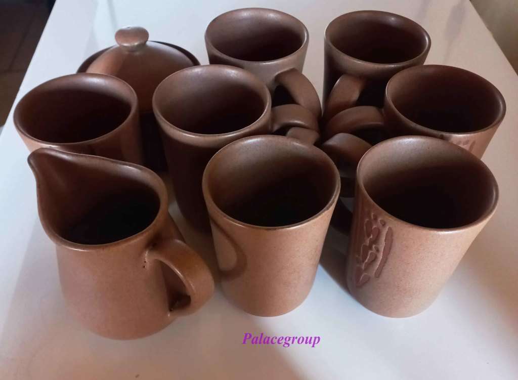 Argilla Pottery Clay Mugs x 6, (Height - ±102mm - 250ml) 1 x Milk Jug, 1 x Sugar Bowl+Lid, T/spoon
