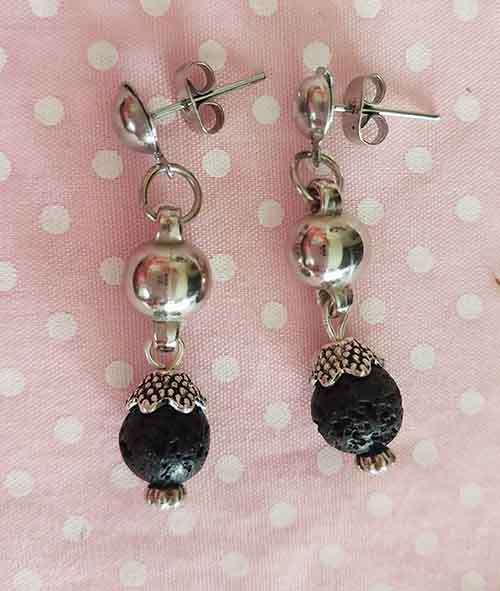 Simone Earrings, Black Lava Beads, Nickel Findings And Ear Studs, 36mm