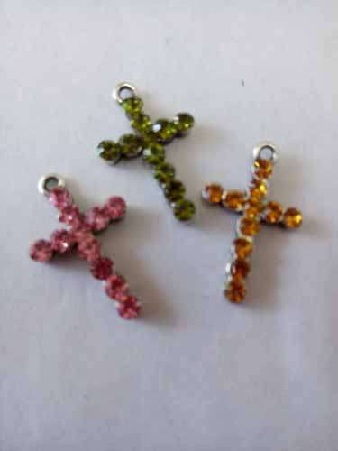 Pendant, Metal, Cross With Rhinestones, Nickel, Random Colours, 26mm x 16mm, 1pc