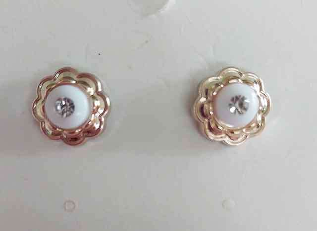 Earrings, Gold Acrylic Back With White Center+Mock Rhinestone, Diameter 11mm, 2pc