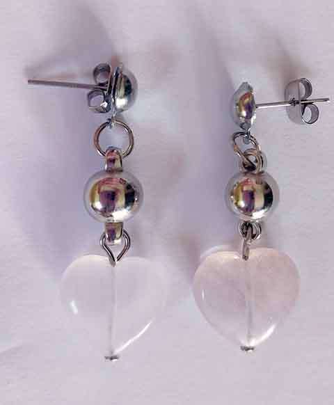 Earrings, Pink Rose Quartz Heart, Nickel Ear Studs + Findings, 40mm