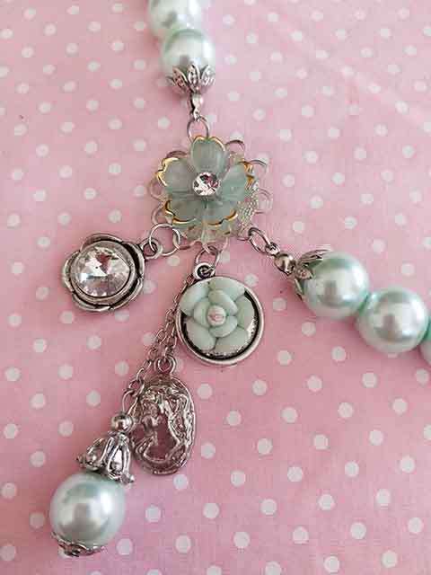 Necklace, Green Glass Pearls+Flower Detail On Side, Nickel Findings, Lobster Clasp, 48cm+5cm