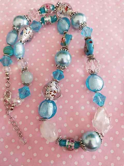 Necklace, Turquoise Glass Pearls+Turquoise Indian Beads+Tu, Nickel Findings, Lobster Clasp, 52cm+5cm
