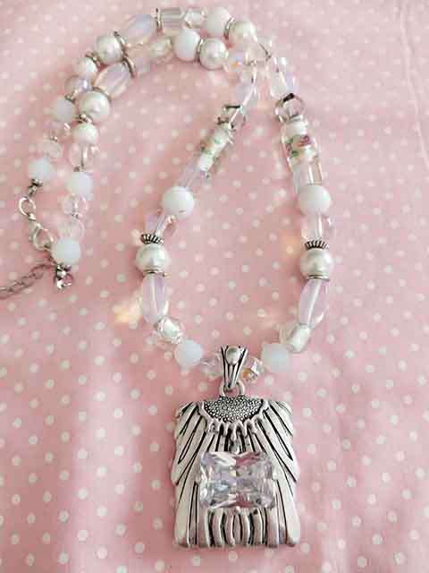 Necklace, White Glass Pearls+Moonstone+Foil+Crystal+Indian Beads, Pendant, Lobster Clasp, 50cm+5cm