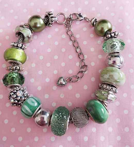 Bracelet, Green Pandora Style Beads, Nickel Findings, Lobster Clasp, 20cm+5cm, 1pc