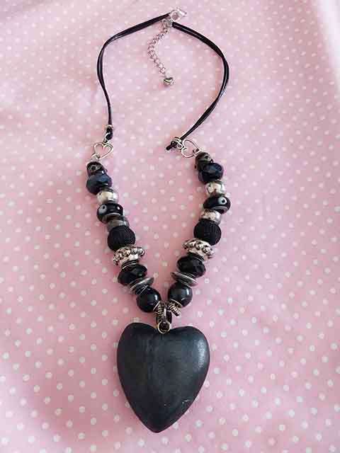 Necklace, Black Pandora Style Beads+Chain+Black Leather+Heart Pendant, Lobster Clasp, 46cm+5cm