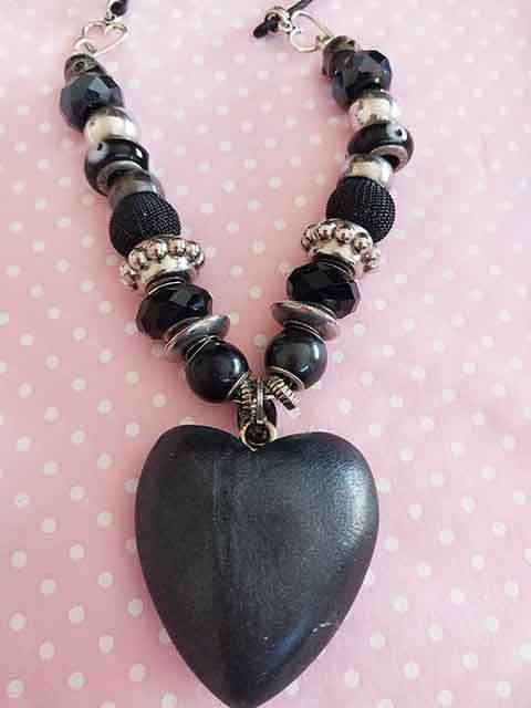 Necklace, Black Pandora Style Beads+Chain+Black Leather+Heart Pendant, Lobster Clasp, 46cm+5cm