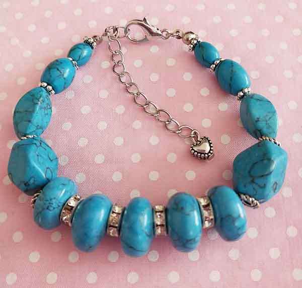 Bracelet, Turquoise Semi-Precious Beads+Rondals+Clear R, Nickel Findings+Lobster Clasp, 18.5cm + 5cm