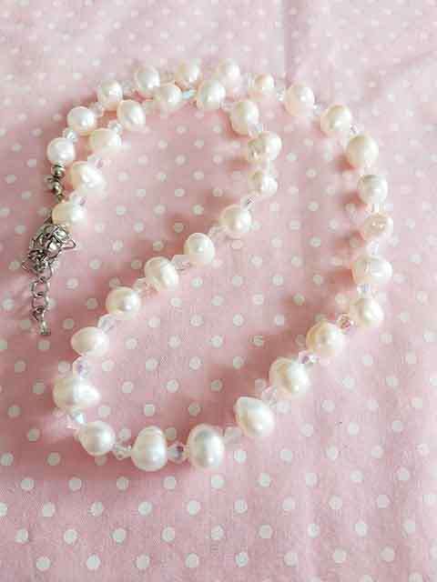 Necklace, White Freshwater Pearls+Clear AB Crystal Beads, Nickel Findings, Lobster Clasp, 42cm+5cm