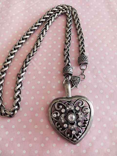 Necklace, Antique Nickel Chain+Heart Pendant+Clear Rhinestones, Lobster Clasp, 48cm