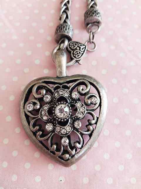 Necklace, Antique Nickel Chain+Heart Pendant+Clear Rhinestones, Lobster Clasp, 48cm