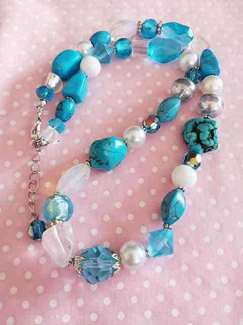 Necklace, White Glass Pearls+Moonstone+Turquoise Sem Beads, Nickel Findings, Lobster Clasp, 46cm+5cm