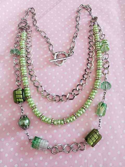 Necklace, Green Glass Pearls+Foil Beads+Crystal +3 Strands, Nickel Findings, Toggle Clasp, 52cm-65cm