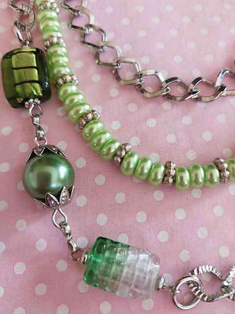 Necklace, Green Glass Pearls+Foil Beads+Crystal +3 Strands, Nickel Findings, Toggle Clasp, 52cm-65cm