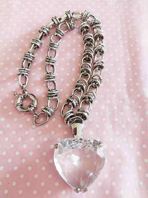 Necklace, Chunky Chain+Nickel Heart Pendant With Clear Rhinestone, Signoretti Clasp, 46cm
