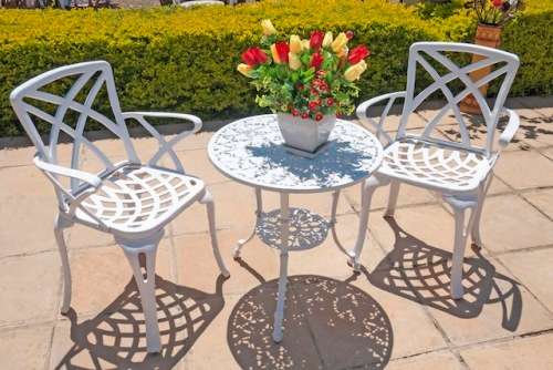 Cast Aluminium 2 Seater Small Rainbow Patio Set with arms, 62cm Leaf Table