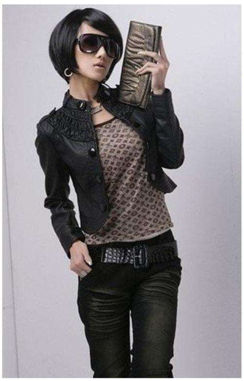 Womens Short Coat, Stand Collar PU Leather Jacket