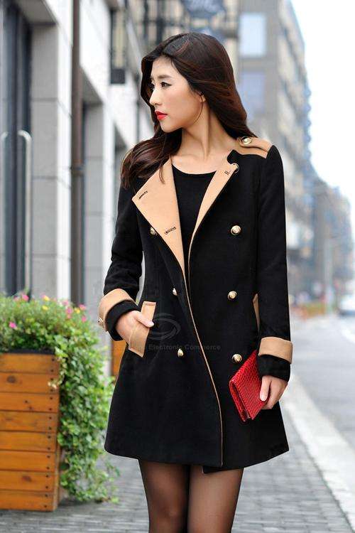 Modern Style Splicing Double Breasted Scoop Neck Long Sleeve Worsted Women's Coat