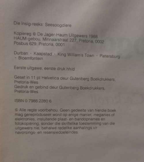 Die insig-reeks: seesoogdiere - V G Cockcroft 1988