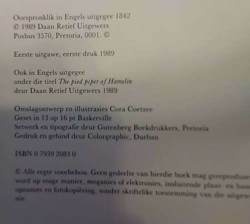 Die Rottevanger van Hameln, Afrikaanse verwerking Antjie Krog 1989