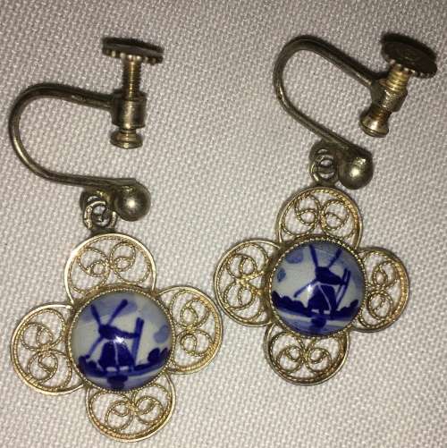 Sterling Silver with Delft Blue White Windmill Porcelain Screw Back Earrings - vintage