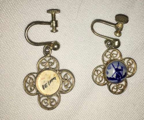 Sterling Silver with Delft Blue White Windmill Porcelain Screw Back Earrings - vintage