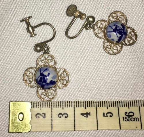 Sterling Silver with Delft Blue White Windmill Porcelain Screw Back Earrings - vintage