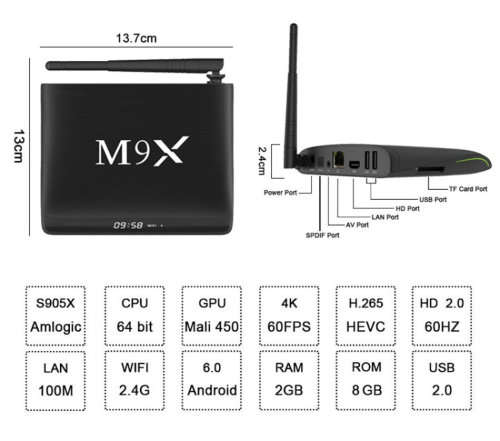 M9X-M2 TV Box Media Player (S905X, Android 6.0, 4K Ultra HD, 8GB/2GB
