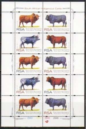 RSA - FULL SHEET OF 10 UM STAMPS - INDIGENOUS CATTLE  (1997)
