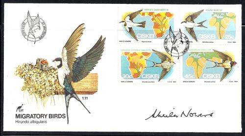 CISKEI - COVER SIGNED BY THE ARTIST - SHEILA NOWERS - MIGRATORY BIRDS (1984)